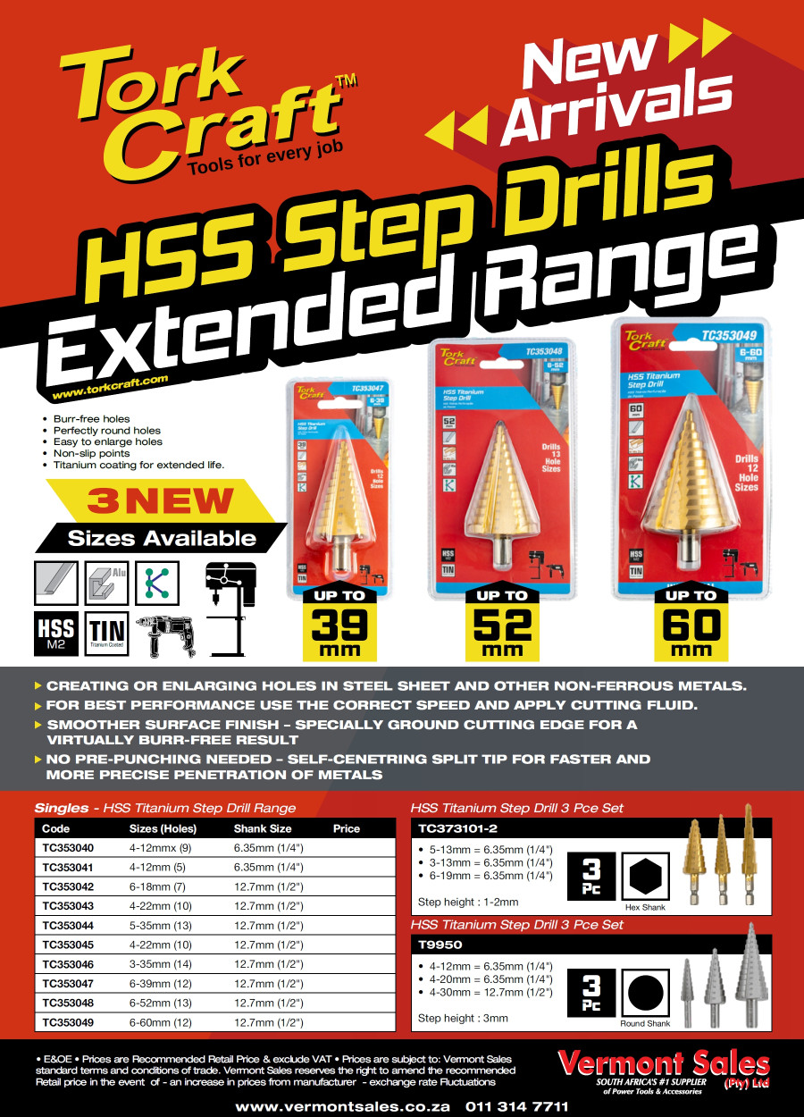 Tork Craft HSS Step Drills Extended-Range